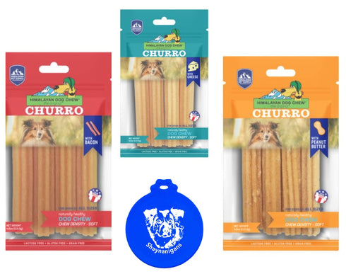 Himalayan Pet Supply Churro Dog Chew Treats in 3 Flavor Variety Bundle: (1) Cheese (1) Cheese W/Peanut Butter & (1) Cheese W/Bacon (3 Bags Total 4 Sticks per Bag 12 Sticks Total) + Silicone Lid