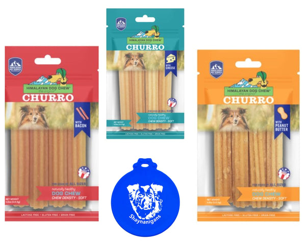 Himalayan Pet Supply Churro Dog Chew Treats in 3 Flavor Variety Bundle: (1) Cheese (1) Cheese W/Peanut Butter & (1) Cheese W/Bacon (3 Bags Total 4 Sticks per Bag 12 Sticks Total) + Silicone Lid