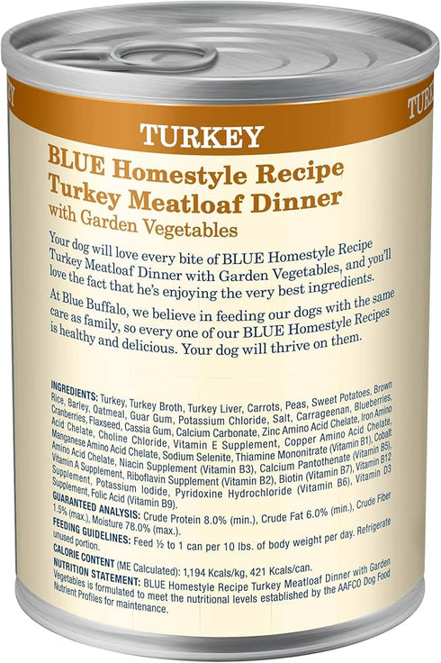 Blue Buffalo Adult Homestyle Turkey Meatloaf with Garden Vegetables Wet Dog Cans (12.5oz)