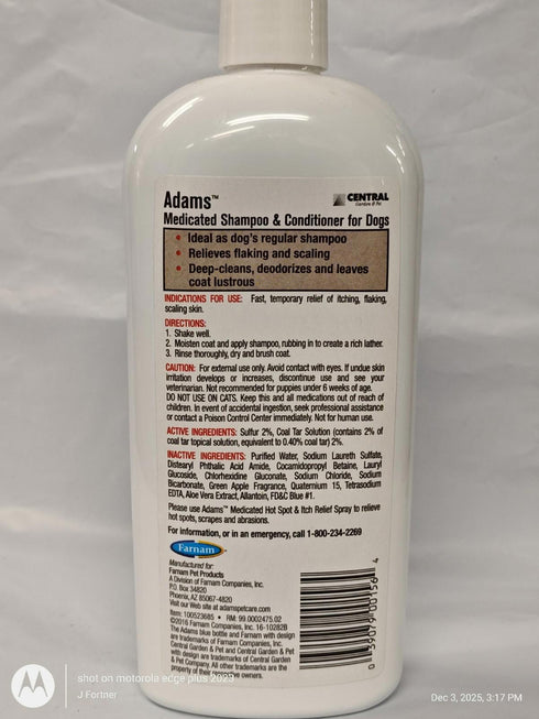 Adams Medicated Shampoo & Conditioner for Dogs 12 oz Sulfa/Coal Tar solution