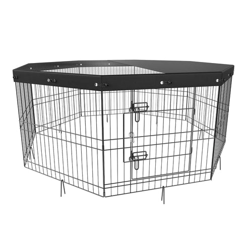 Dog Playpen, 8 Panels Foldable Metal Dog Exercise Pen with Top Cover, 24" H Pet Fence Puppy Crate Kennel with Ground Stakes, Indoor Outdoor Dog Pen for Small Medium Pets, for Camping, Yard