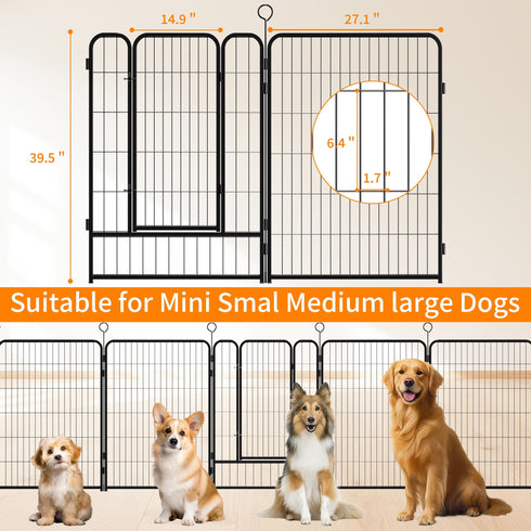Dog Playpen, 16 Panels Pet Exercise Pen Indoor / Outdoor Fence With Anti Skid Base - Black