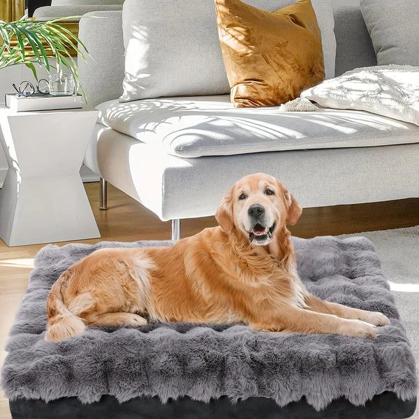 Extra Large Orthopedic Dog Bed - Luxurious Plush Faux Fur Kennel, Bite-Resistant, Dirt-Repellent and Machine Washable Pet Mat with Anti-Slip Bottom, Stylish for Living Rooms, All-Season Comfort & Joint Support for Large Dogs